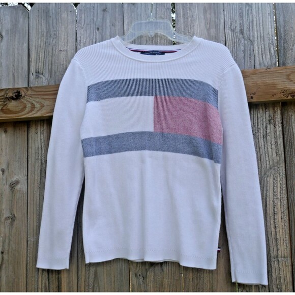 TOMMY HILFIGER Sweater Flag Logo Cotton Blend Rib Knit Crewneck Size Large White - Picture 1 of 6